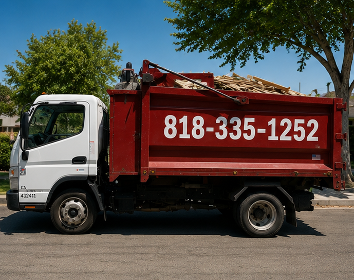 Small Time Hauling red dump truck loaded with construction debris parked in the San Fernando Valley