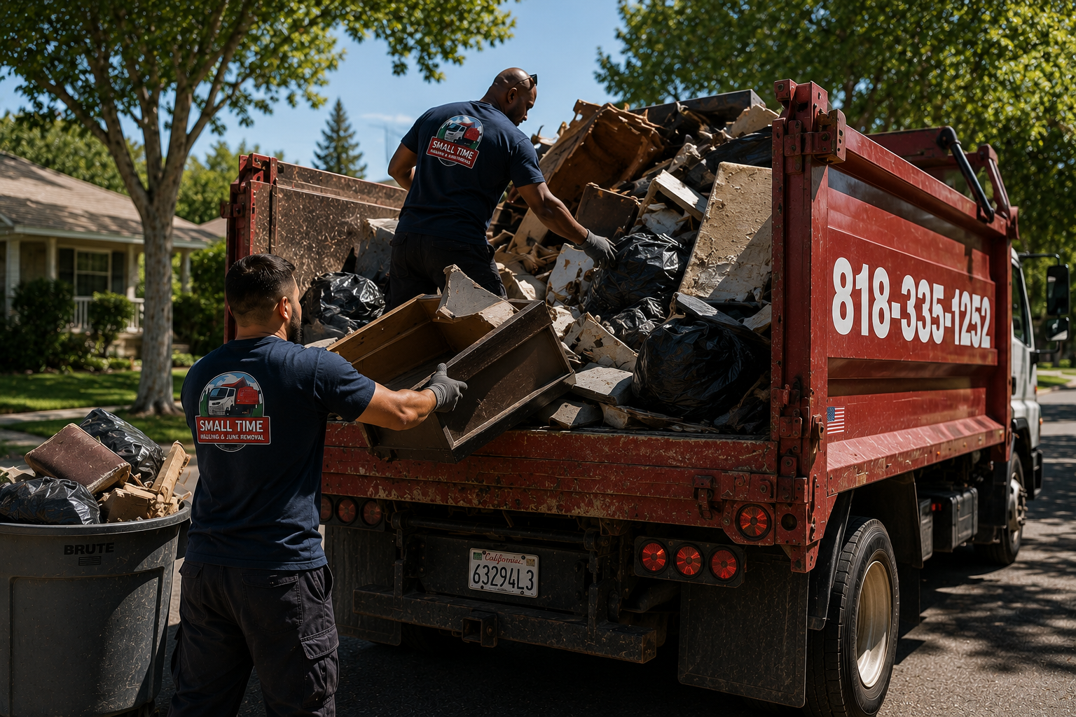 Small Time Hauling crew loading construction debris into the dump truck