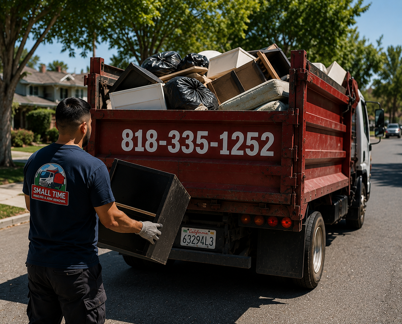 Small Time Hauling worker finishing loading the truck